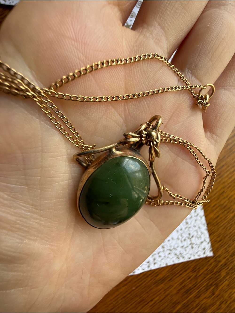 1930’s Vintage Van Dell 1/120 12k gf Jade Necklace with Egyptian Scarab Beetle